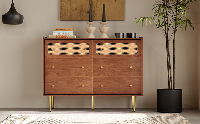 Commode Buffet Vintage Noyer avec 6 Tiroirs (dont 2 en Rotin) et Pieds Métalliques DELMO