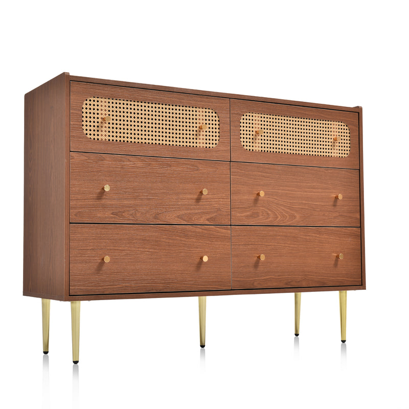 Commode Buffet Vintage Noyer avec 6 Tiroirs (dont 2 en Rotin) et Pieds Métalliques DELMO