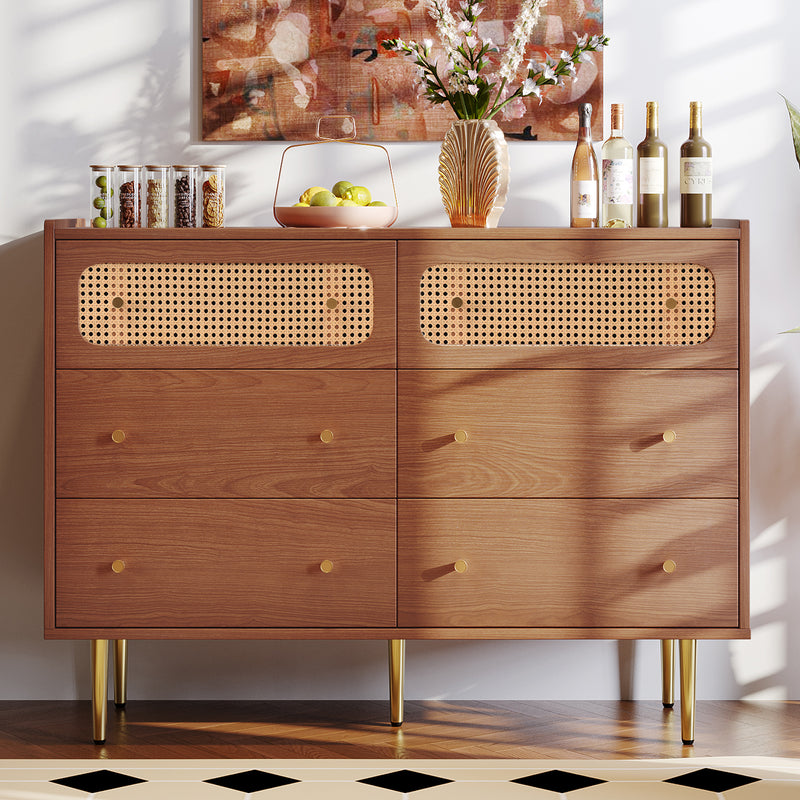 Commode Buffet Vintage Noyer avec 6 Tiroirs (dont 2 en Rotin) et Pieds Métalliques DELMO