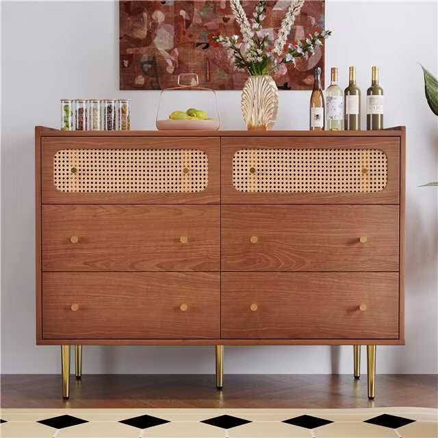 Commode Buffet Vintage Noyer avec 6 Tiroirs (dont 2 en Rotin) et Pieds Métalliques DELMO