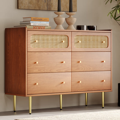 Commode Buffet Vintage Noyer avec 6 Tiroirs (dont 2 en Rotin) et Pieds Métalliques DELMO