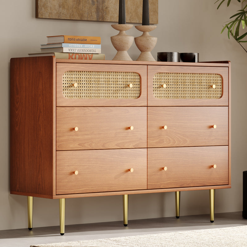 Commode Buffet Vintage Noyer avec 6 Tiroirs (dont 2 en Rotin) et Pieds Métalliques DELMO