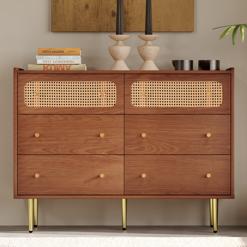 Commode Buffet Vintage Noyer avec 6 Tiroirs (dont 2 en Rotin) et Pieds Métalliques DELMO