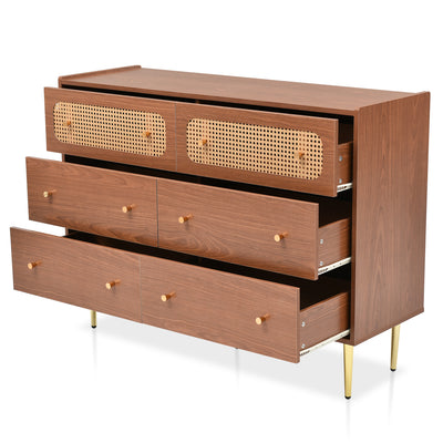Commode Buffet Vintage Noyer avec 6 Tiroirs (dont 2 en Rotin) et Pieds Métalliques DELMO