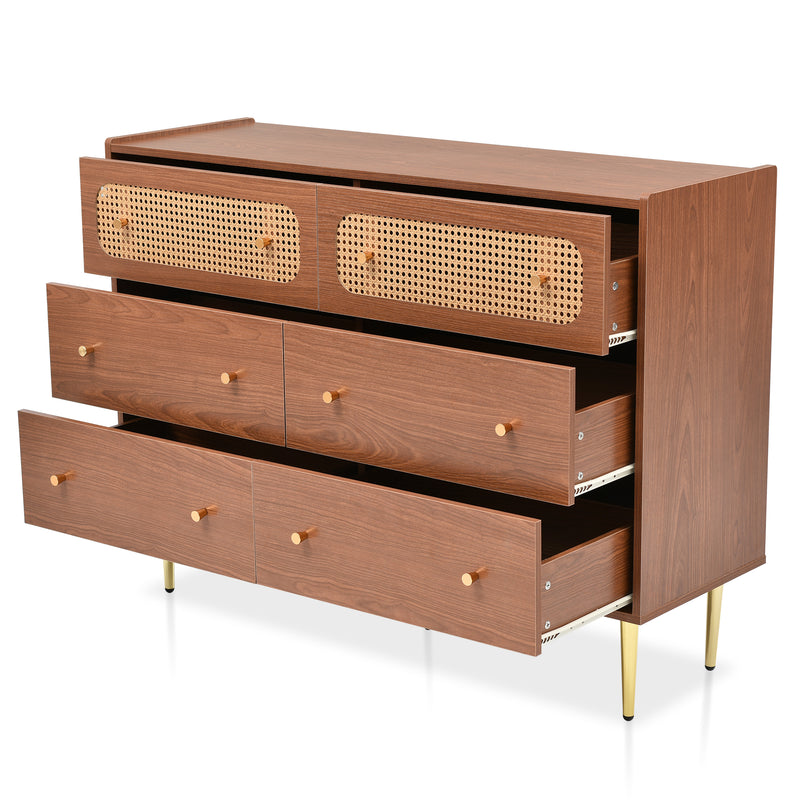 Commode Buffet Vintage Noyer avec 6 Tiroirs (dont 2 en Rotin) et Pieds Métalliques DELMO