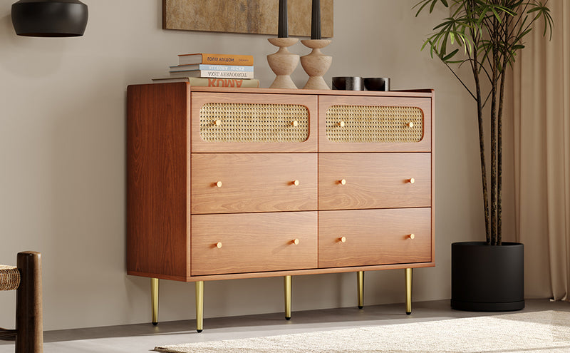Commode Buffet Vintage Noyer avec 6 Tiroirs (dont 2 en Rotin) et Pieds Métalliques DELMO