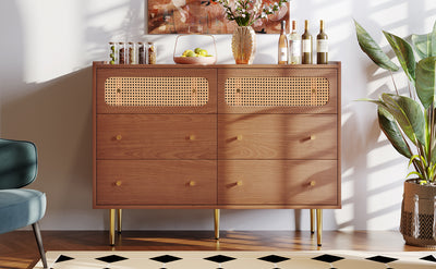 Commode Buffet Vintage Noyer avec 6 Tiroirs (dont 2 en Rotin) et Pieds Métalliques DELMO