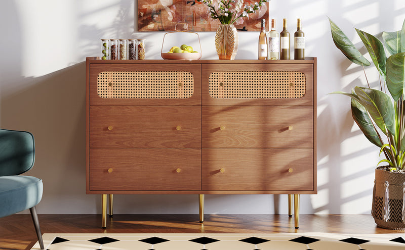 Commode Buffet Vintage Noyer avec 6 Tiroirs (dont 2 en Rotin) et Pieds Métalliques DELMO