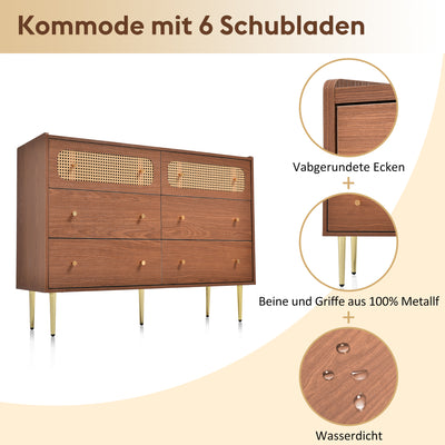 Commode Buffet Vintage Noyer avec 6 Tiroirs (dont 2 en Rotin) et Pieds Métalliques DELMO