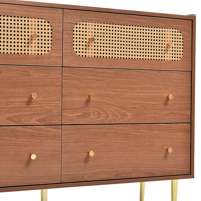 Commode Buffet Vintage Noyer avec 6 Tiroirs (dont 2 en Rotin) et Pieds Métalliques DELMO