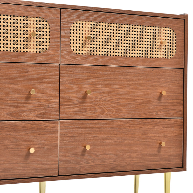 Commode Buffet Vintage Noyer avec 6 Tiroirs (dont 2 en Rotin) et Pieds Métalliques DELMO