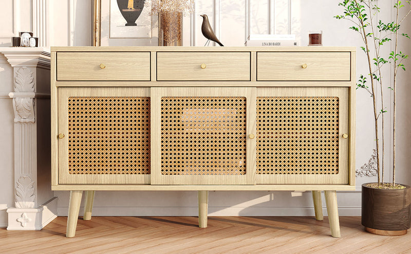 Commode Buffet Moderne en Chêne avec 3 Tiroirs et 3 Portes Coulissantes DENNOR