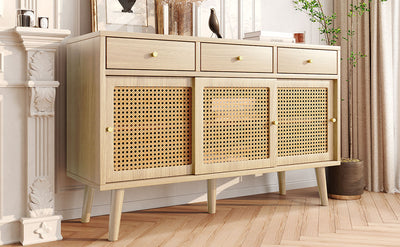 Commode Buffet Moderne en Chêne avec 3 Tiroirs et 3 Portes Coulissantes DENNOR