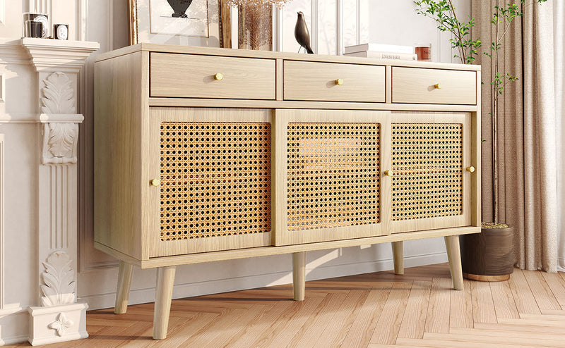 Commode Buffet Moderne en Chêne avec 3 Tiroirs et 3 Portes Coulissantes DENNOR