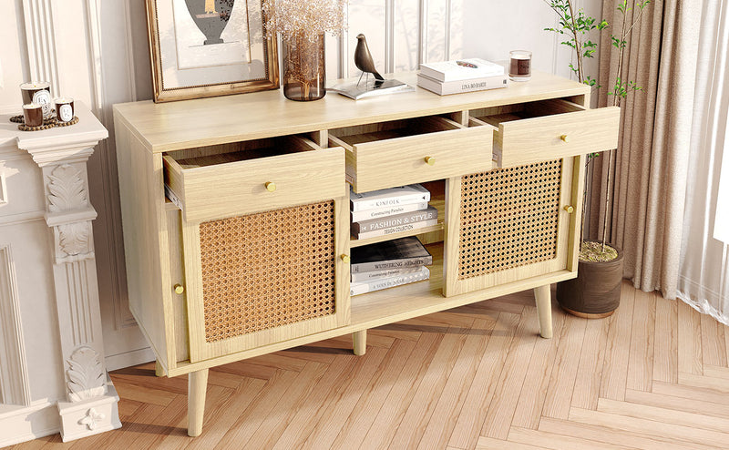 Commode Buffet Moderne en Chêne avec 3 Tiroirs et 3 Portes Coulissantes DENNOR