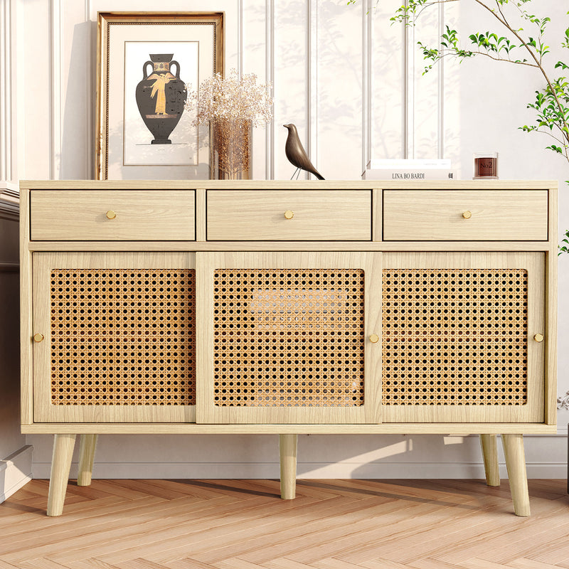 Commode Buffet Moderne en Chêne avec 3 Tiroirs et 3 Portes Coulissantes DENNOR