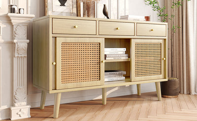 Commode Buffet Moderne en Chêne avec 3 Tiroirs et 3 Portes Coulissantes DENNOR