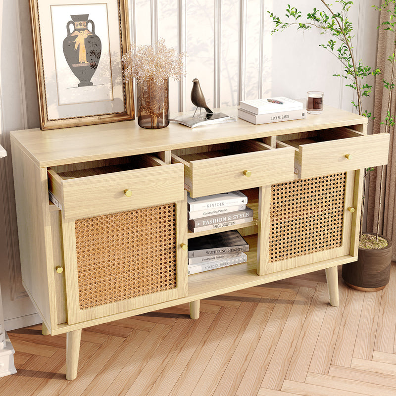 Commode Buffet Moderne en Chêne avec 3 Tiroirs et 3 Portes Coulissantes DENNOR