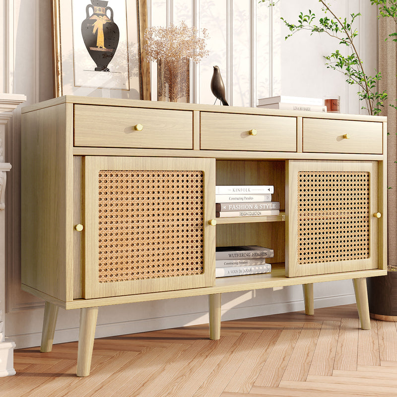 Commode Buffet Moderne en Chêne avec 3 Tiroirs et 3 Portes Coulissantes DENNOR
