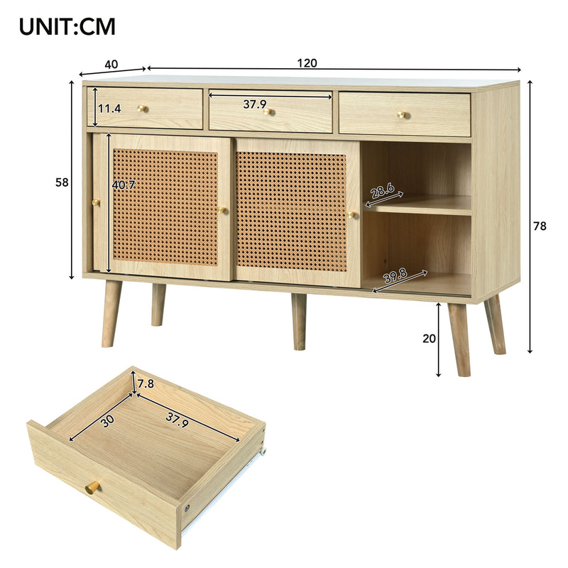 Commode Buffet Moderne en Chêne avec 3 Tiroirs et 3 Portes Coulissantes DENNOR