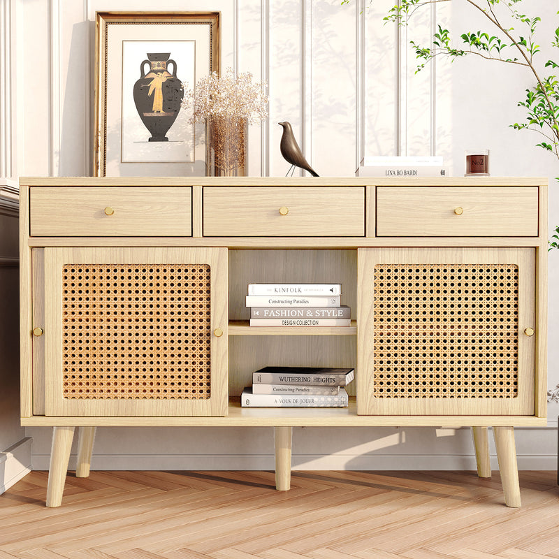 Commode Buffet Moderne en Chêne avec 3 Tiroirs et 3 Portes Coulissantes DENNOR