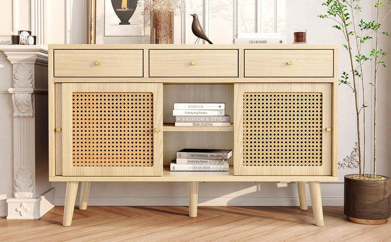 Commode Buffet Moderne en Chêne avec 3 Tiroirs et 3 Portes Coulissantes DENNOR