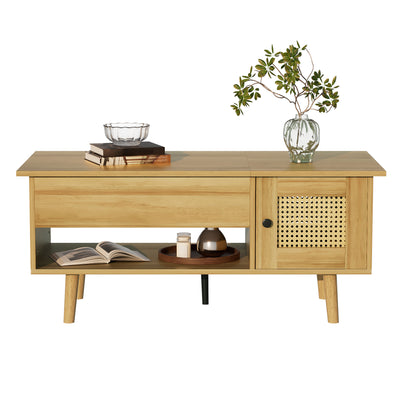 Table Basse Relevable Multifonctionnelle en Bois Naturel et Noir avec Rangement Intégré DHANNANS