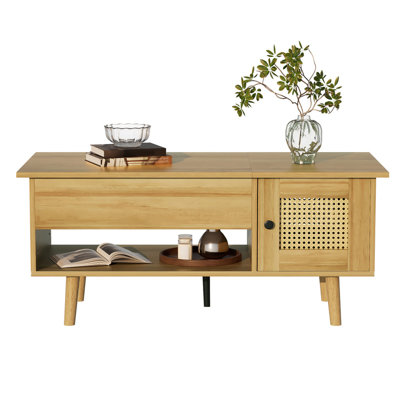 Table Basse Relevable Multifonctionnelle en Bois Naturel et Noir avec Rangement Intégré DHANNANS