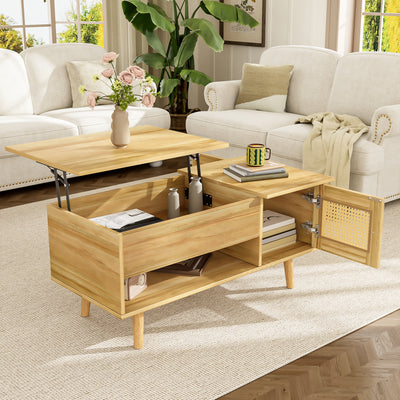 Table Basse Relevable Multifonctionnelle en Bois Naturel et Noir avec Rangement Intégré DHANNANS