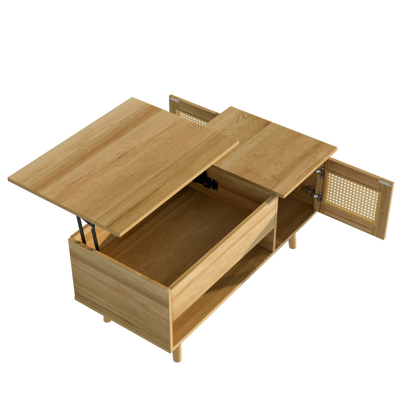 Table Basse Relevable Multifonctionnelle en Bois Naturel et Noir avec Rangement Intégré DHANNANS