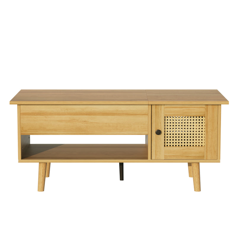 Table Basse Relevable Multifonctionnelle en Bois Naturel et Noir avec Rangement Intégré DHANNANS