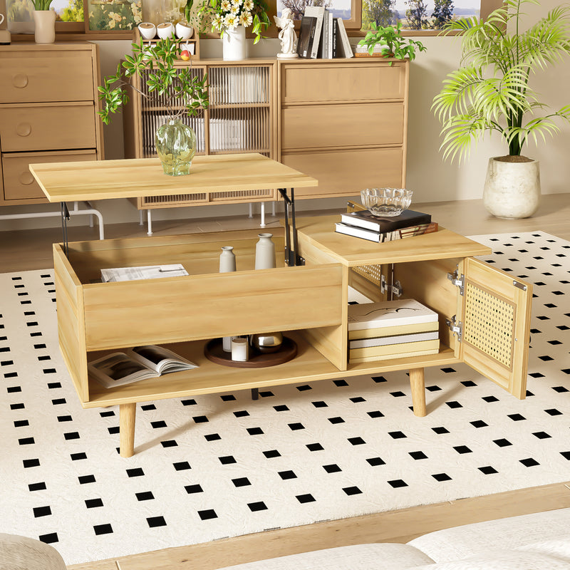 Table Basse Relevable Multifonctionnelle en Bois Naturel et Noir avec Rangement Intégré DHANNANS