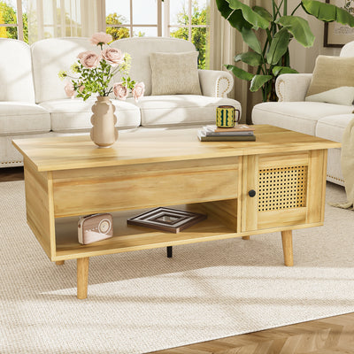 Table Basse Relevable Multifonctionnelle en Bois Naturel et Noir avec Rangement Intégré DHANNANS