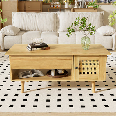 Table Basse Relevable Multifonctionnelle en Bois Naturel et Noir avec Rangement Intégré DHANNANS