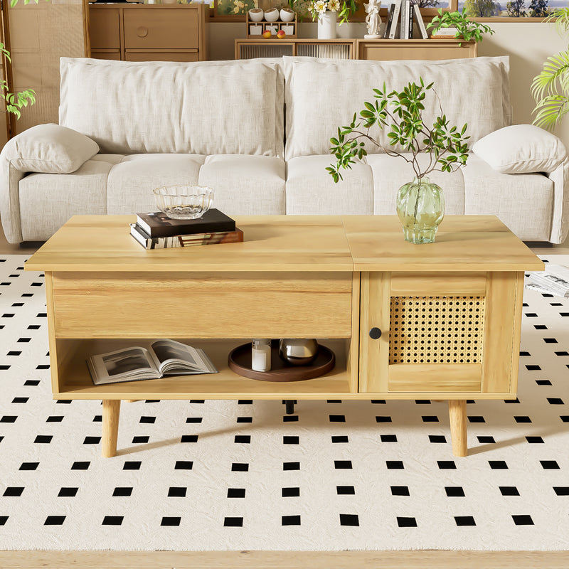 Table Basse Relevable Multifonctionnelle en Bois Naturel et Noir avec Rangement Intégré DHANNANS