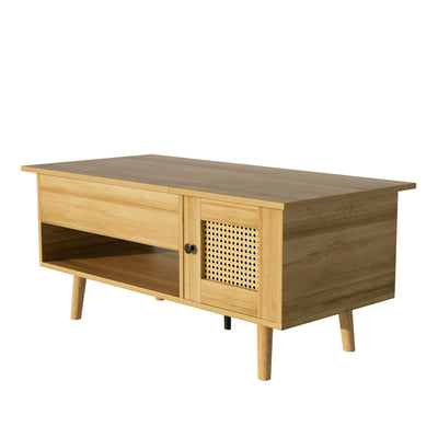 Table Basse Relevable Multifonctionnelle en Bois Naturel et Noir avec Rangement Intégré DHANNANS