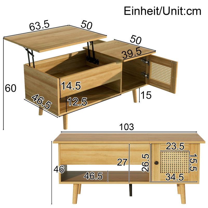 Table Basse Relevable Multifonctionnelle en Bois Naturel et Noir avec Rangement Intégré DHANNANS