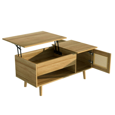 Table Basse Relevable Multifonctionnelle en Bois Naturel et Noir avec Rangement Intégré DHANNANS