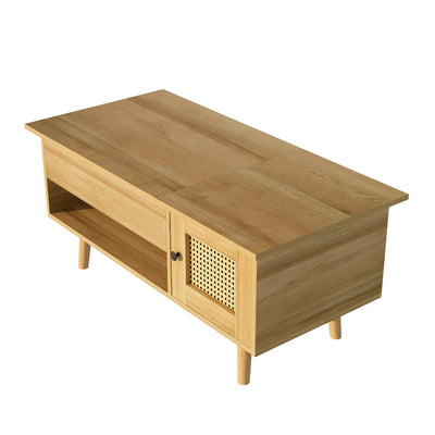 Table Basse Relevable Multifonctionnelle en Bois Naturel et Noir avec Rangement Intégré DHANNANS