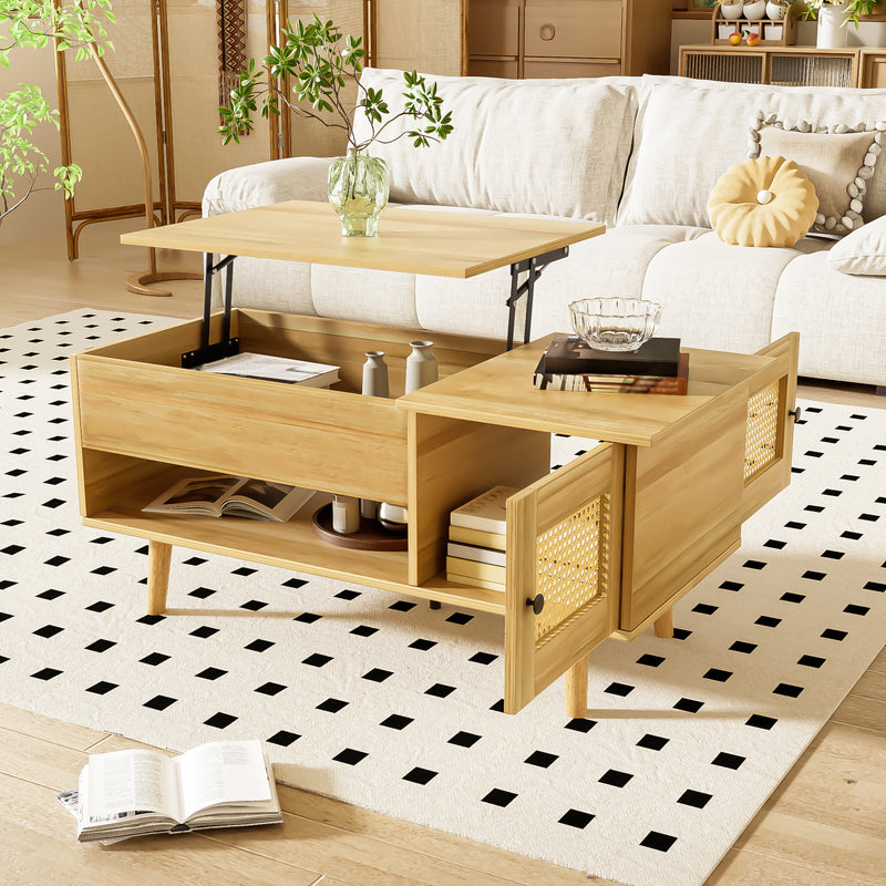 Table Basse Relevable Multifonctionnelle en Bois Naturel et Noir avec Rangement Intégré DHANNANS