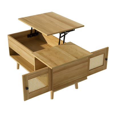 Table Basse Relevable Multifonctionnelle en Bois Naturel et Noir avec Rangement Intégré DHANNANS