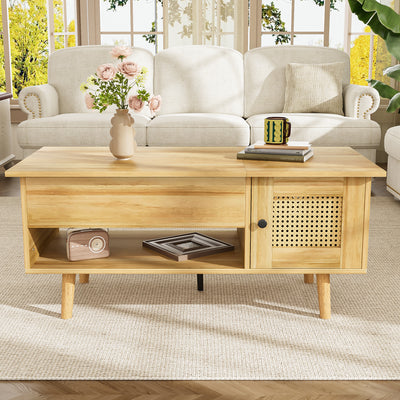 Table Basse Relevable Multifonctionnelle en Bois Naturel et Noir avec Rangement Intégré DHANNANS