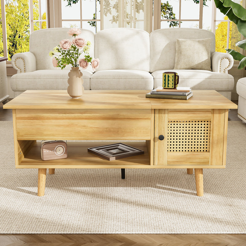 Table Basse Relevable Multifonctionnelle en Bois Naturel et Noir avec Rangement Intégré DHANNANS