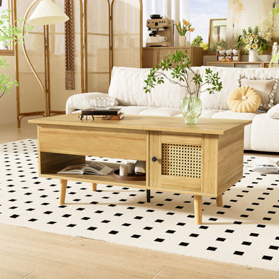 Table Basse Relevable Multifonctionnelle en Bois Naturel et Noir avec Rangement Intégré DHANNANS