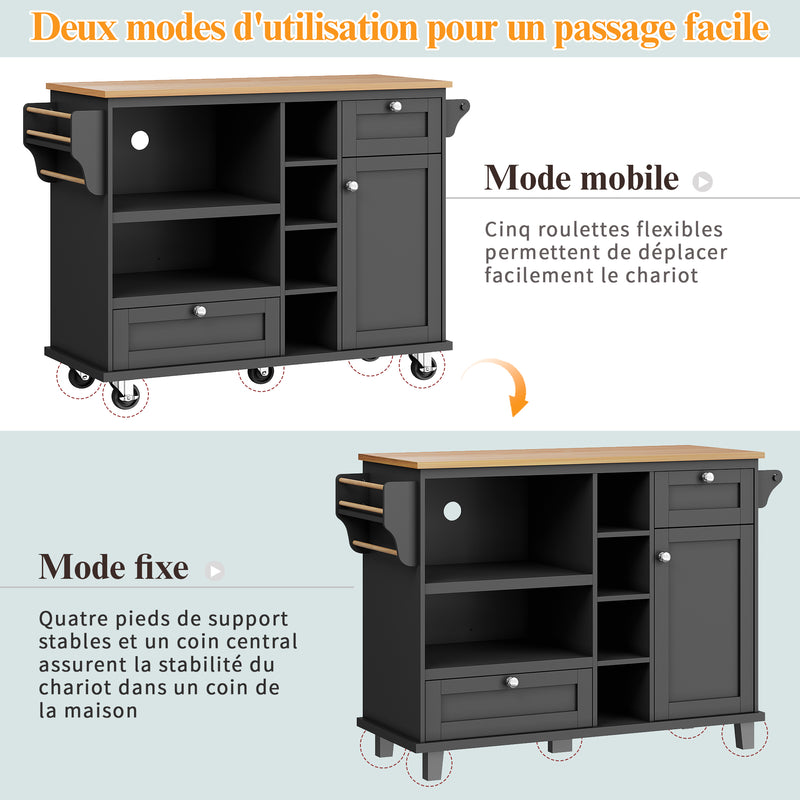 Desserte de Cuisine Mobile Noire avec Plateau Effet Bois, Rangement Multifonctionnel et Double Mode d&