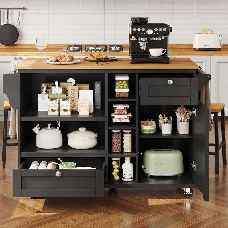 Desserte de Cuisine Mobile Noire avec Plateau Effet Bois, Rangement Multifonctionnel et Double Mode d&