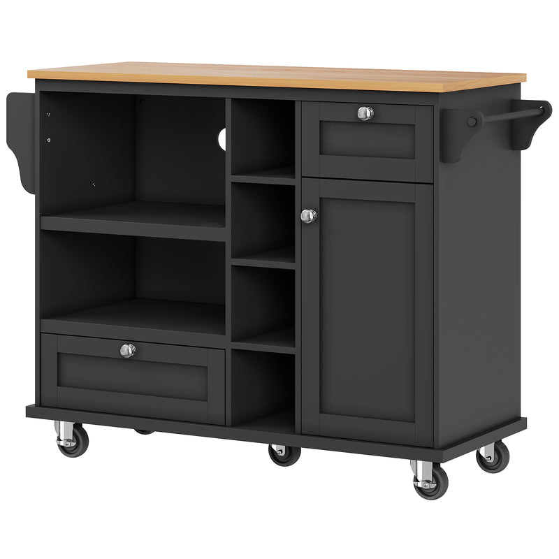 Desserte de Cuisine Mobile Noire avec Plateau Effet Bois, Rangement Multifonctionnel et Double Mode d&