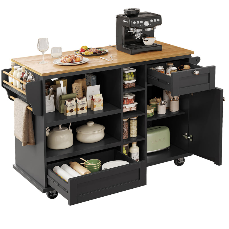 Desserte de Cuisine Mobile Noire avec Plateau Effet Bois, Rangement Multifonctionnel et Double Mode d&