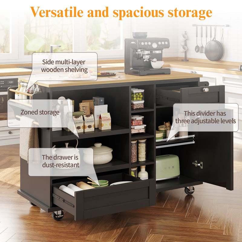 Desserte de Cuisine Mobile Noire avec Plateau Effet Bois, Rangement Multifonctionnel et Double Mode d&