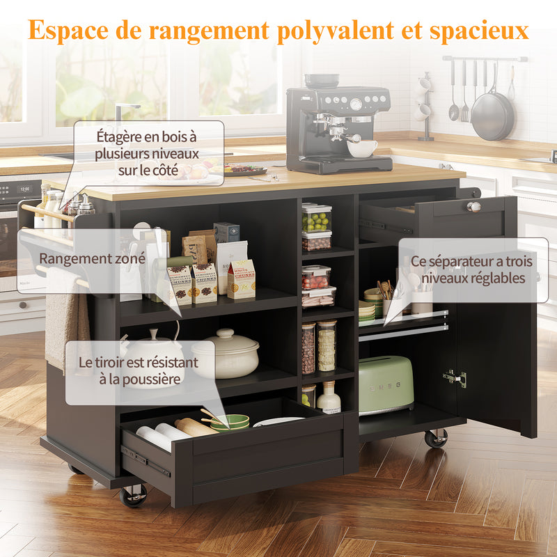 Desserte de Cuisine Mobile Noire avec Plateau Effet Bois, Rangement Multifonctionnel et Double Mode d&
